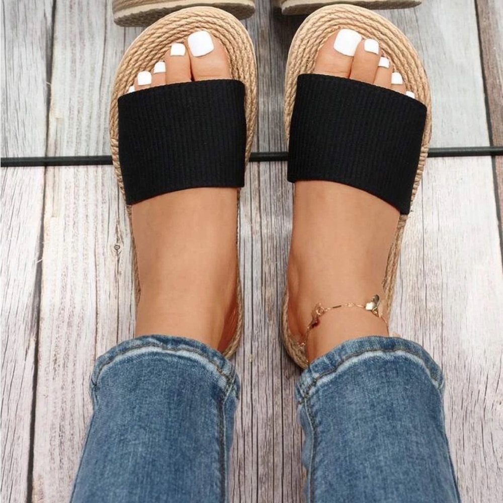 Black Ribbed Flat Espadrille Sandals
